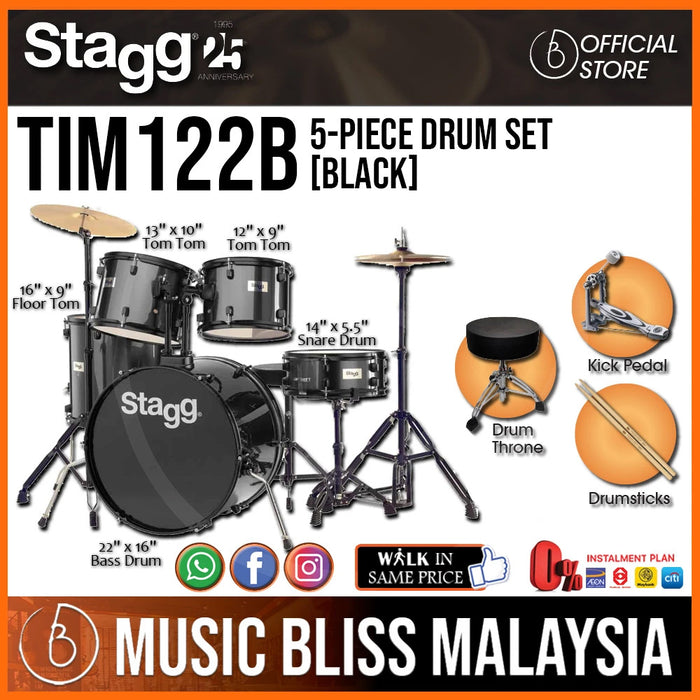 Stagg TIM122B Full Size Adult 5-Piece Acoustic Drum Set with Hardware and Cymbals - Black - Music Bliss Malaysia