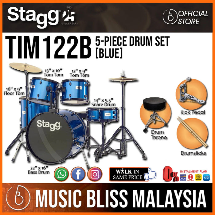Stagg TIM122B Full Size Adult 5-Piece Acoustic Drum Set with Hardware and Cymbals -Blue - Music Bliss Malaysia