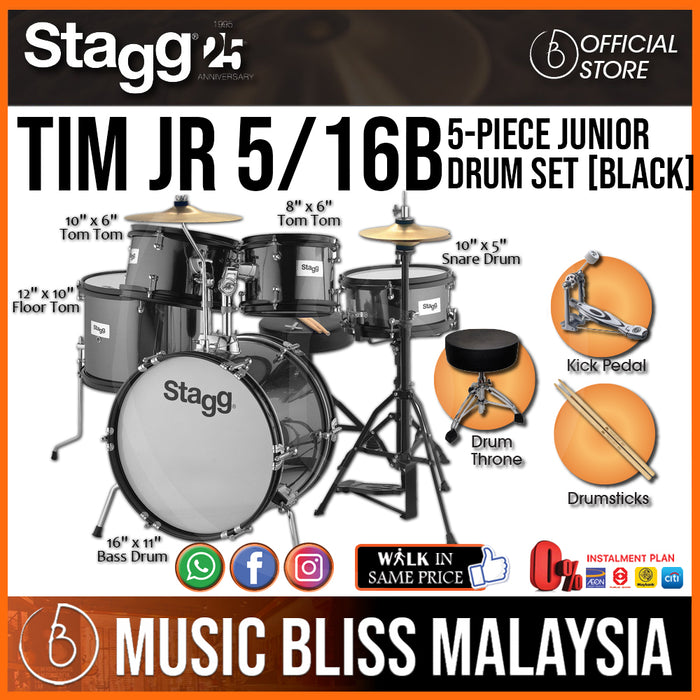 Stagg TIM JR 5/16B BK 5-piece Junior Drum Set with Hardware - Black (TIMJR516BBK) - Music Bliss Malaysia