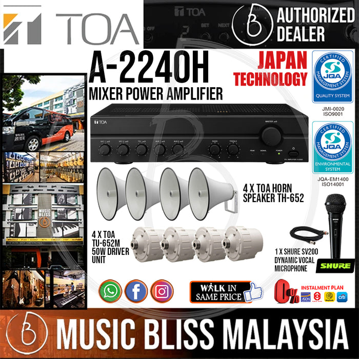 PA Sound System for Masjid (Masjid Sound System), TOA A-2240 240W Mixer Amplifier with TOA TH-652 50W Horn Speakers with Shure SV200 Wired Microphone - Music Bliss Malaysia