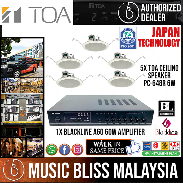 Budget PA Sound System Setup for Small Retail Shop/Office, Making Announcements, PA System for 250 Square Feet Coverage, TOA PC-648R Ceiling Speakers with Blackline A60 60W Amplifier - Music Bliss Malaysia