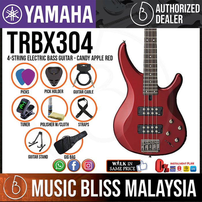 Yamaha TRBX304 4-string Electric Bass Guitar Package - Candy Apple Red (TRBX 304/TRBX-304) - Music Bliss Malaysia