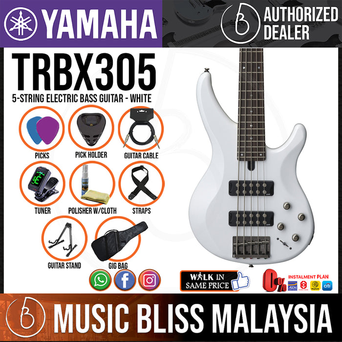 Yamaha TRBX305 5-string Electric Bass Guitar - White (TRBX 305/TRBX-305) - Music Bliss Malaysia