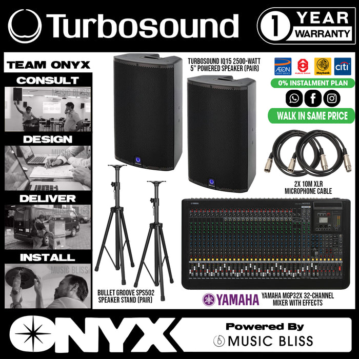 Live Band Package Yamaha MGP32X Analog Mixer, Turbosound iQ15 2500 watts Powered Speakers with XLR cables and Speaker stands - Music Bliss Malaysia