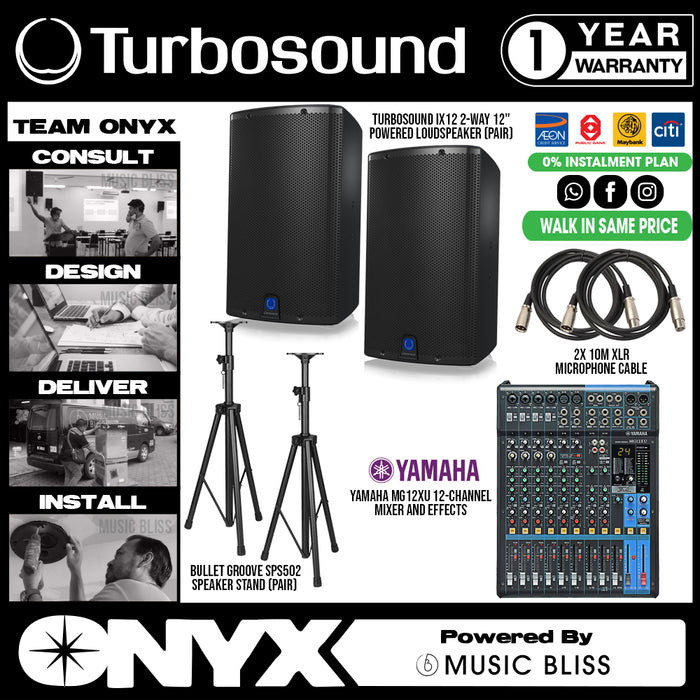 Live Band Package Yamaha MG12XU Analog Mixer, Turbosound iX12 1000 watts Powered Speakers with XLR cables and Speaker stands - Music Bliss Malaysia
