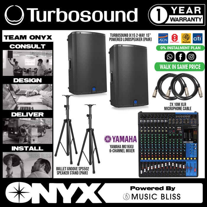 Live Band Package Yamaha MG16XU Analog Mixer, Turbosound iX15 1000 watts Powered Speakers with XLR cables and Speaker stands - Music Bliss Malaysia