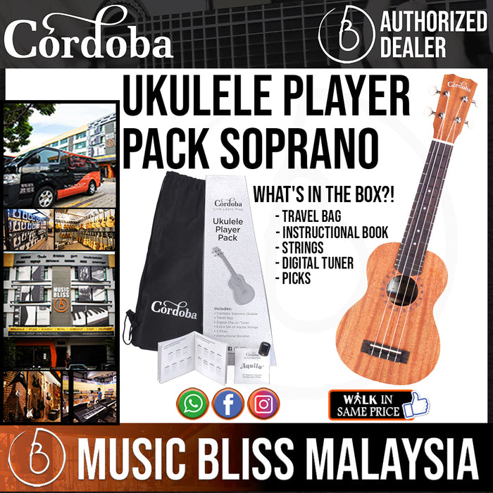 Cordoba Soprano Ukulele Player Pack - Mahogany Top, Mahagony Back & Sides with Gig Bag, Instructional Book, and Strings - Music Bliss Malaysia