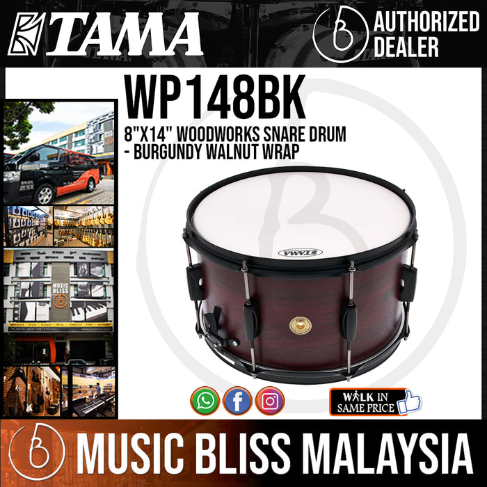 TAMA WP148BK 8" x 14" Woodworks Snare Drum, Burgundy Walnut Wrap - Music Bliss Malaysia