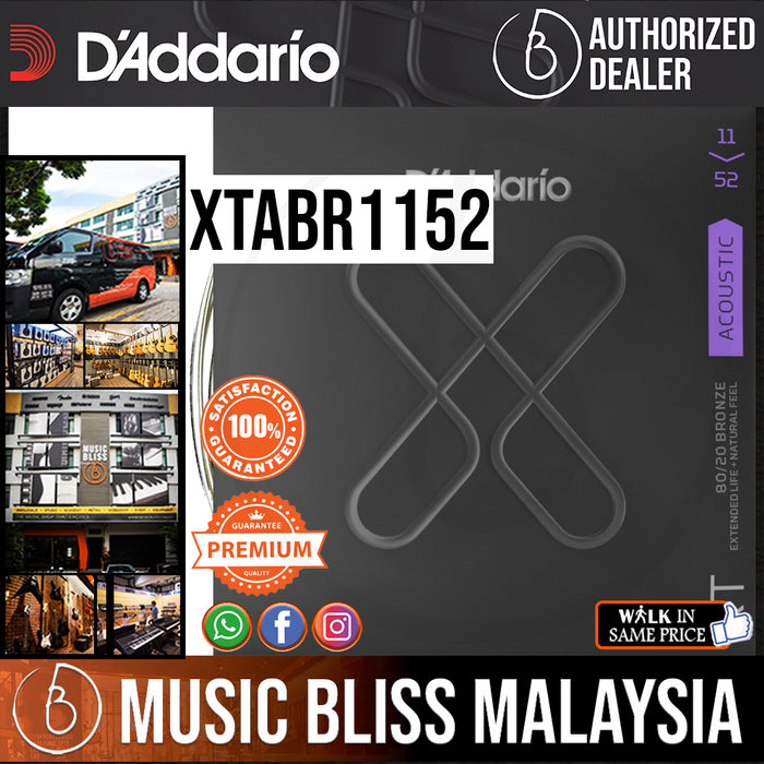 D'Addario XTABR1152 XT 80/20 Bronze Acoustic Guitar Strings -.011-.052 Custom Light - Music Bliss Malaysia
