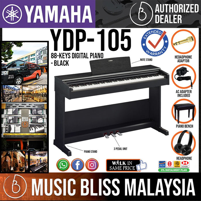 Yamaha Arius YDP-105 88-Keys Digital Piano with Piano Bench and Headphone - Black - Music Bliss Malaysia