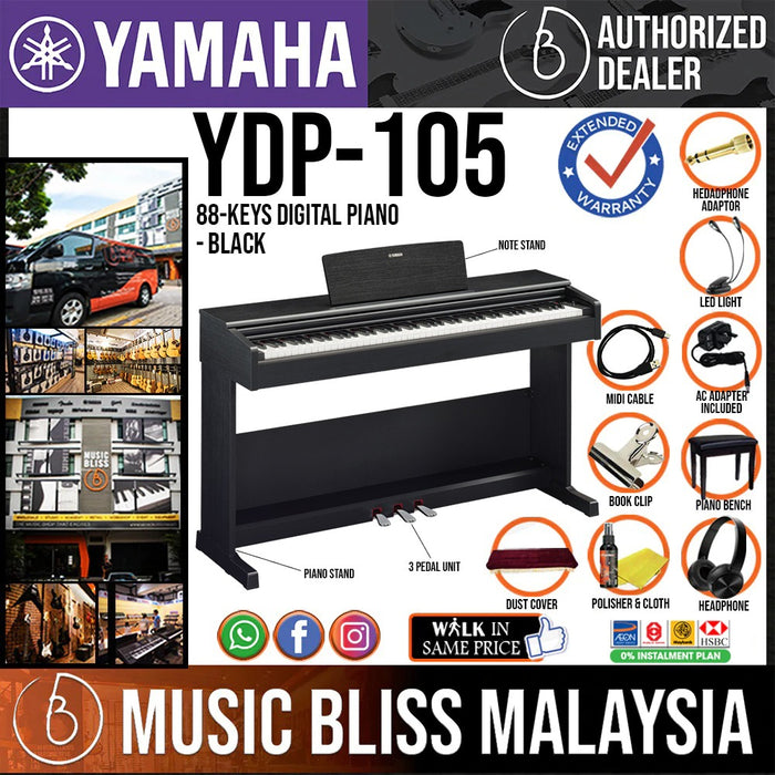 Yamaha Arius YDP-105 88-Keys Digital Piano with Headphone, Bench and Dust Cover - Black - Music Bliss Malaysia