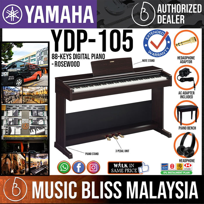 Yamaha Arius YDP-105 88-Keys Digital Piano with Piano Bench and Headphone - Rosewood - Music Bliss Malaysia