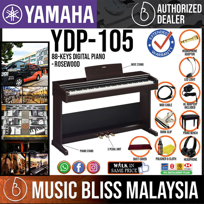 Yamaha Arius YDP-105 88-Keys Digital Piano with Headphone, Bench and Dust Cover - Rosewood - Music Bliss Malaysia