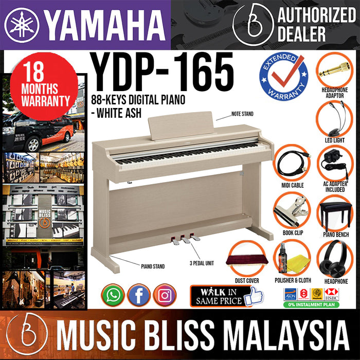 Yamaha Arius YDP-165 88-Keys Digital Piano with Headphone, Bench and Dust Cover - White Ash - Music Bliss Malaysia