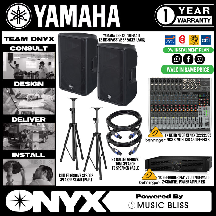 Live Band Package Behringer Xenyx X222USB USB Mixer, Yamaha CBR12 Passive Speakers Behringer KM1700 Power Amplifier with Speaker cables and Speaker stands - Music Bliss Malaysia