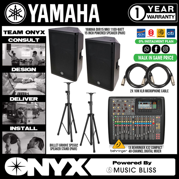 Live Band Package Behringer X32 Digital Mixer, Yamaha DXR15 MK2 1100 watts Powered Speakers with XLR cables and Speaker stands - Music Bliss Malaysia
