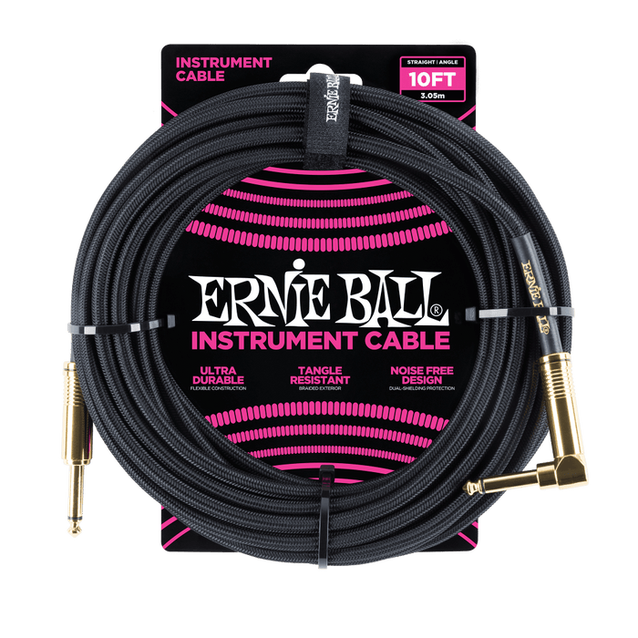 Ernie Ball 6081 10' Braided Straight / Angle Instrument Cable -  Black (P06081) - Music Bliss Malaysia
