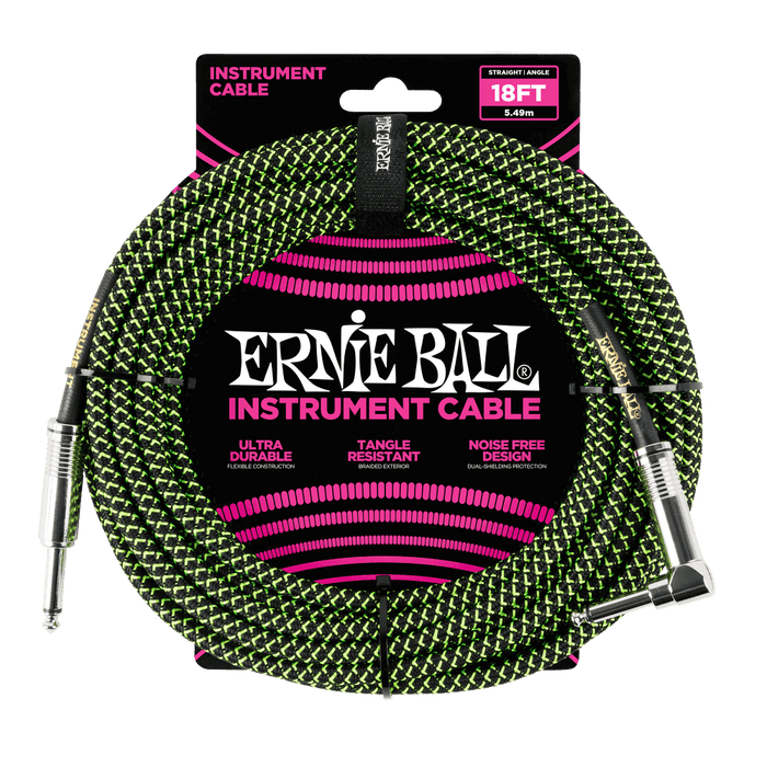 Ernie Ball 6082 18' Braided Straight / Angle Instrument Cable - Black/Green (P06082) - Music Bliss Malaysia