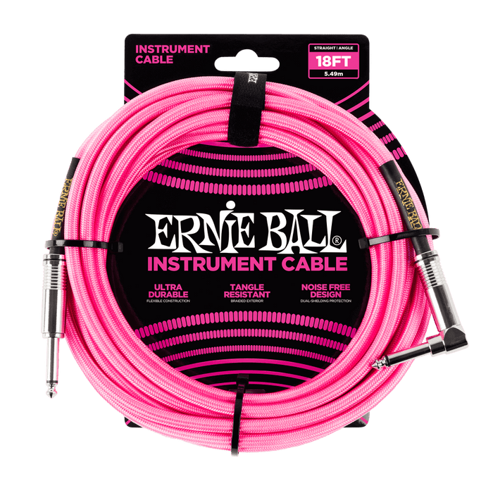 Ernie Ball 6083 18' Braided Straight / Angle Instrument Cable -  Neon Pink (P06083) - Music Bliss Malaysia