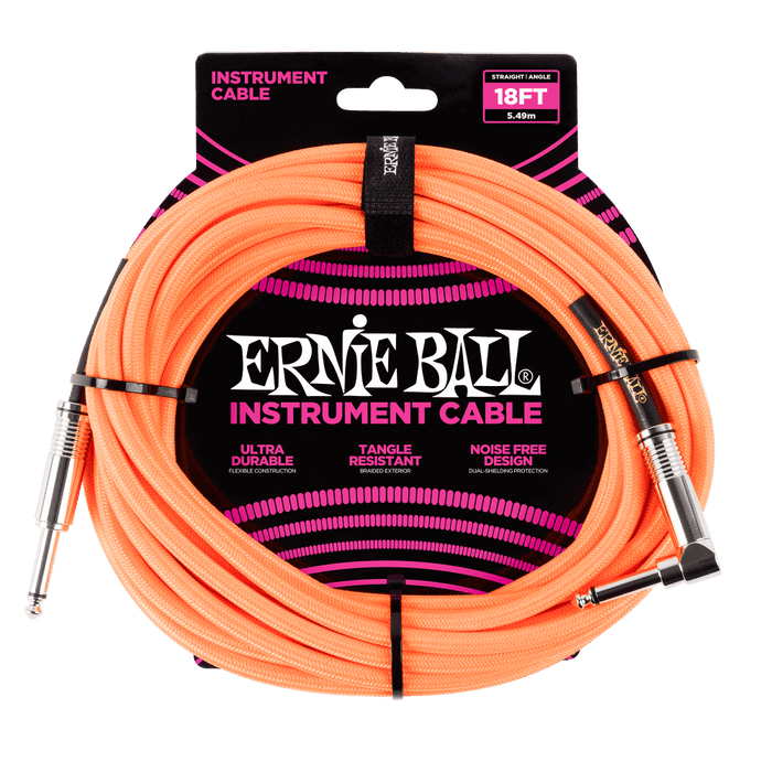 Ernie Ball 6084 18' Braided Straight / Angle Instrument Cable - Neon Orange (P06084) - Music Bliss Malaysia