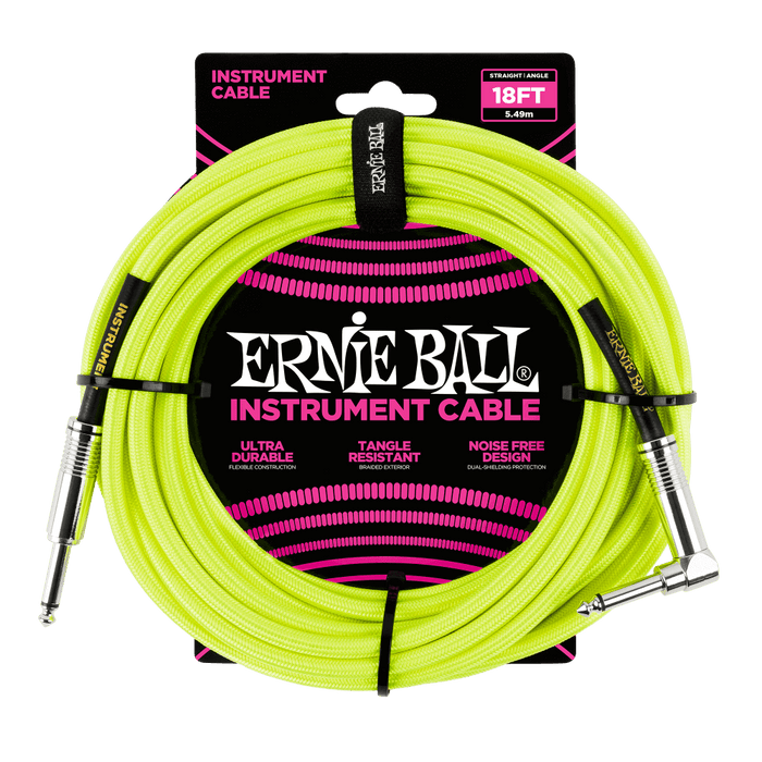 Ernie Ball 6085 18' Braided Straight / Angle Instrument Cable -  Neon Yellow (P06085) - Music Bliss Malaysia