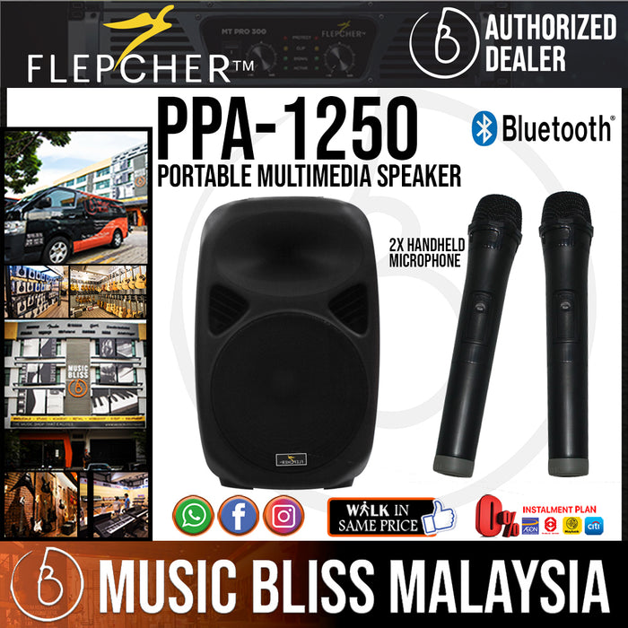 Flepcher PPA-1250 12'' 50-watt Portable PA System with 2 Wireless Microphone (PPA1250 / PPA 1250) - Music Bliss Malaysia