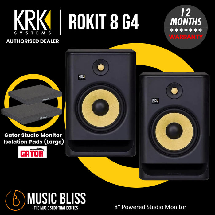 KRK ROKIT 8 G4 8" Powered Studio Monitor with Gator Studio Monitor Isolation Pads - Pair - Music Bliss Malaysia