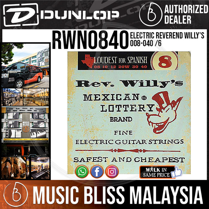 Jim Dunlop RWN0840 Rev. Willy's Lottery Brand Electric Guitar Strings - Fine 008-040 - Music Bliss Malaysia