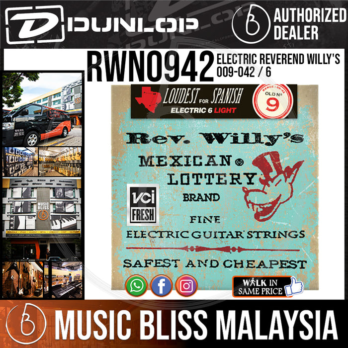 Jim Dunlop RWN0942 Rev. Willy's Lottery Brand Electric Guitar Strings - Extra Light 009-042 - Music Bliss Malaysia