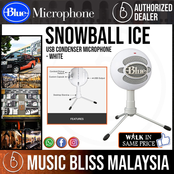 Blue Snowball iCE USB Condenser Microphone - White - Music Bliss Malaysia