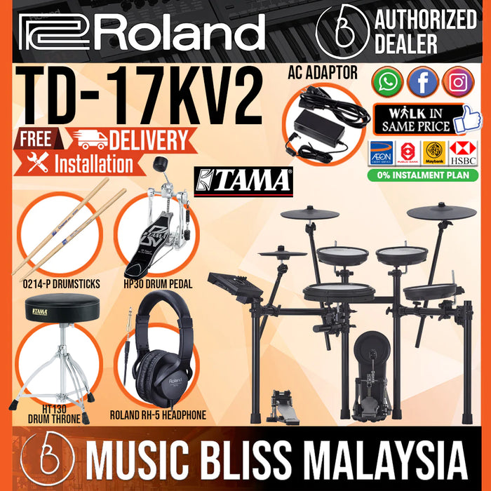 Roland TD-17KV Gen 2 V-Drums Digital Drum Electronic Drum with RH-5 Headphone, Kick Pedal, Drum Throne and Drumsticks - Music Bliss Malaysia
