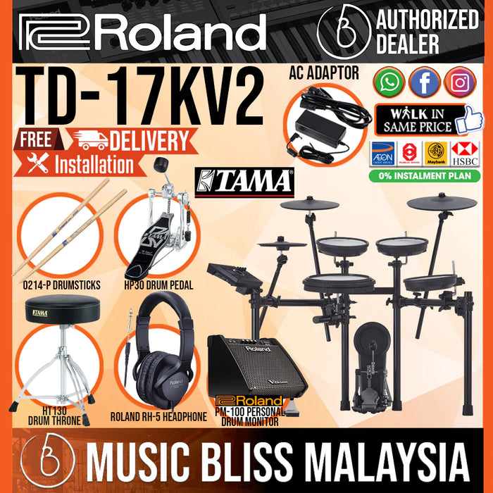 Roland TD-17KV Gen 2 V-Drums Digital Drum Electronic Drum with Roland PM-100 Amplifier, RH-5 Headphone, Kick Pedal, Drum Throne and Drumsticks - Music Bliss Malaysia