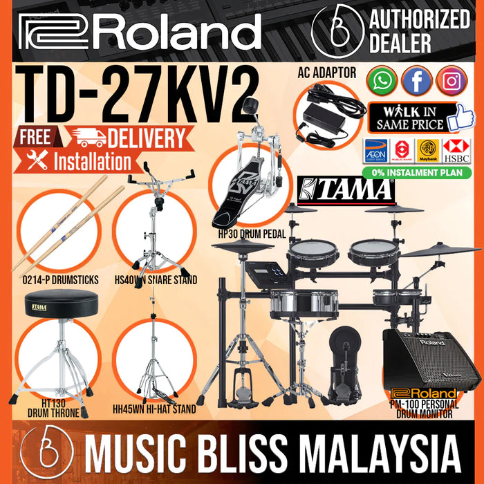 Roland TD-27KV Gen 2 V-Drums Electronic Drum Set with Roland PM-100 Amplifier, RH-5 Headphone, Kick Pedal, Throne and Drumsticks - Music Bliss Malaysia