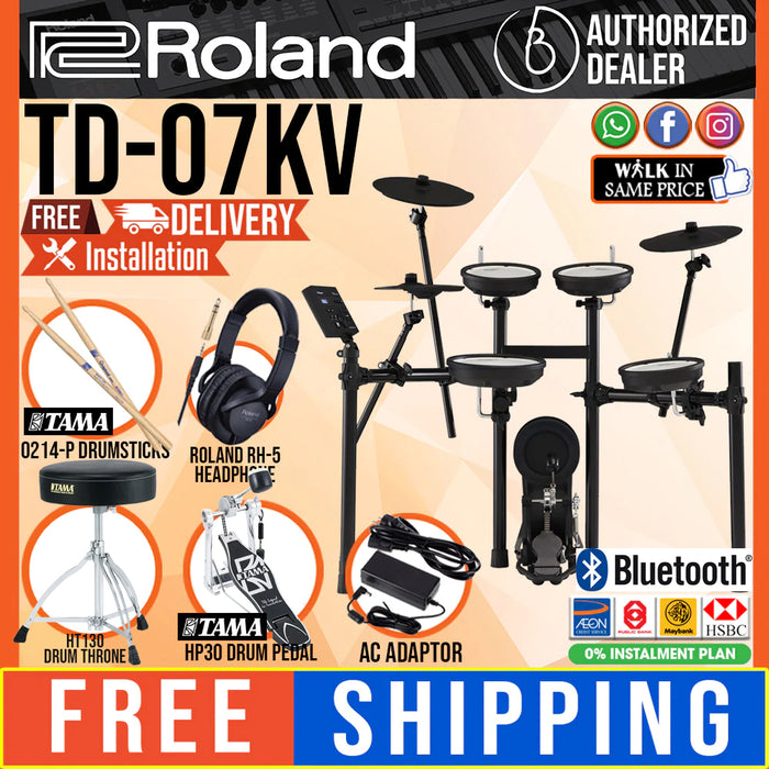 Roland V-Drums TD-07KV Electronic Drum Set with RH-5 Headphone, Kick Pedal, Throne and Drumsticks - Music Bliss Malaysia