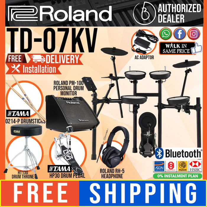 *ALL Roland Setup* Roland V-Drums TD-07KV Electronic Drum Set with Roland PM-100 Amplifier, RH-5 Headphone, Kick Pedal, Throne and Drumsticks - Music Bliss Malaysia
