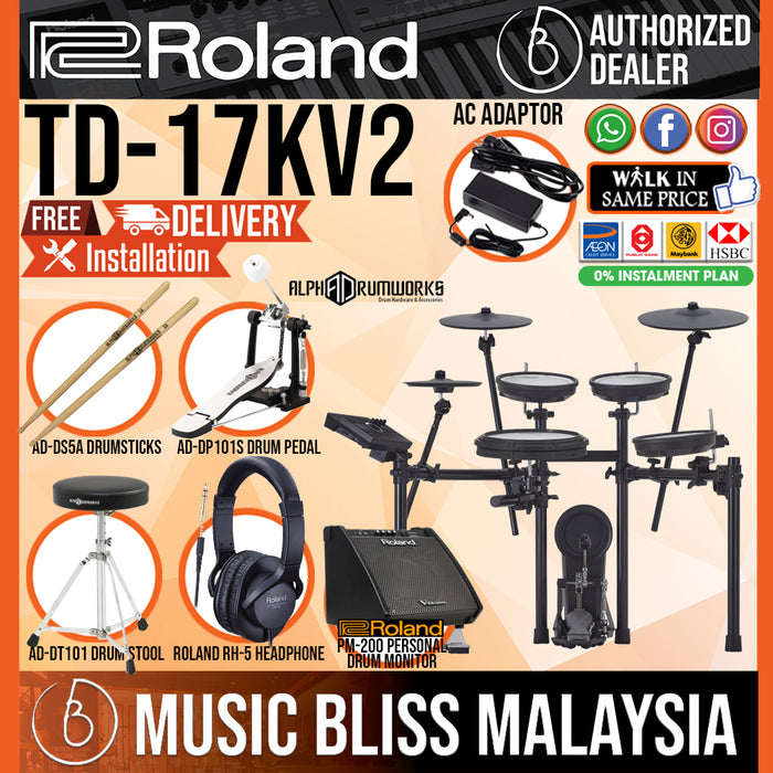 Roland TD-17KV Gen 2 V-Drums Digital Drum Electronic Drum with Roland PM-200 Amplifier, RH-5 Headphone, Kick Pedal, Drum Throne and Drumsticks - Music Bliss Malaysia