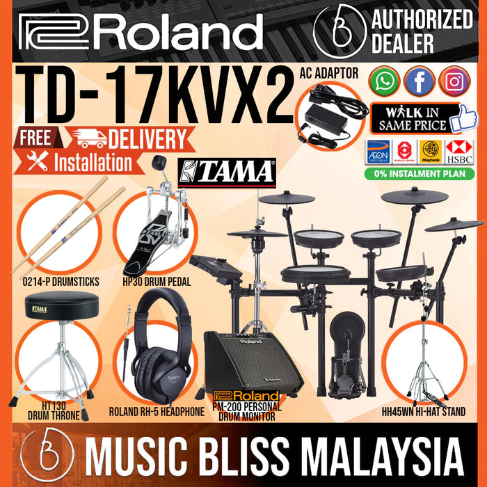 Roland TD-17KVX Gen 2 V-Drums Digital Drum Electronic Drum with Roland PM-200 Amplifier, RH-5 Headphone, Kick Pedal, Drum Throne and Drumsticks - Music Bliss Malaysia