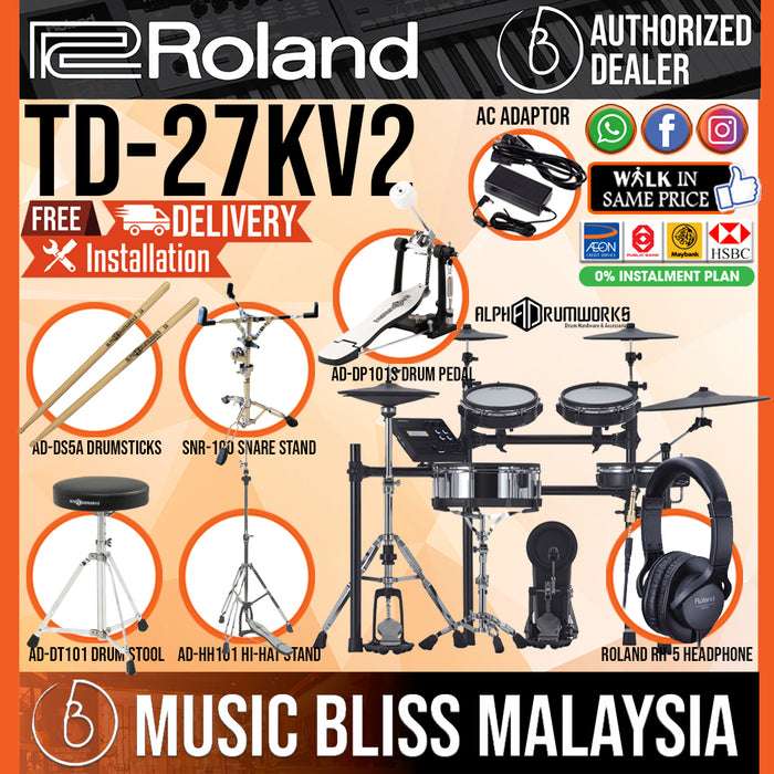 Roland TD-27KV Gen 2 V-Drums Electronic Drum Set with RH-5 Headphone, Kick Pedal, Throne and Drumsticks - Music Bliss Malaysia