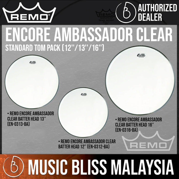 Remo Encore Ambassador Clear Standard Tom Pack (12''/13''/16'') - Music Bliss Malaysia
