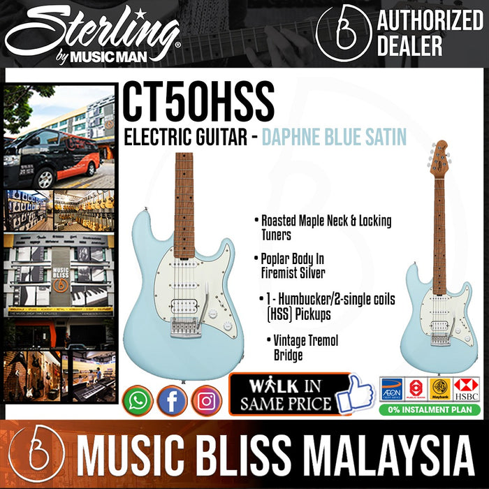 Sterling Cutlass CT50HSS Electric Guitar - Daphne Blue Satin - Music Bliss Malaysia